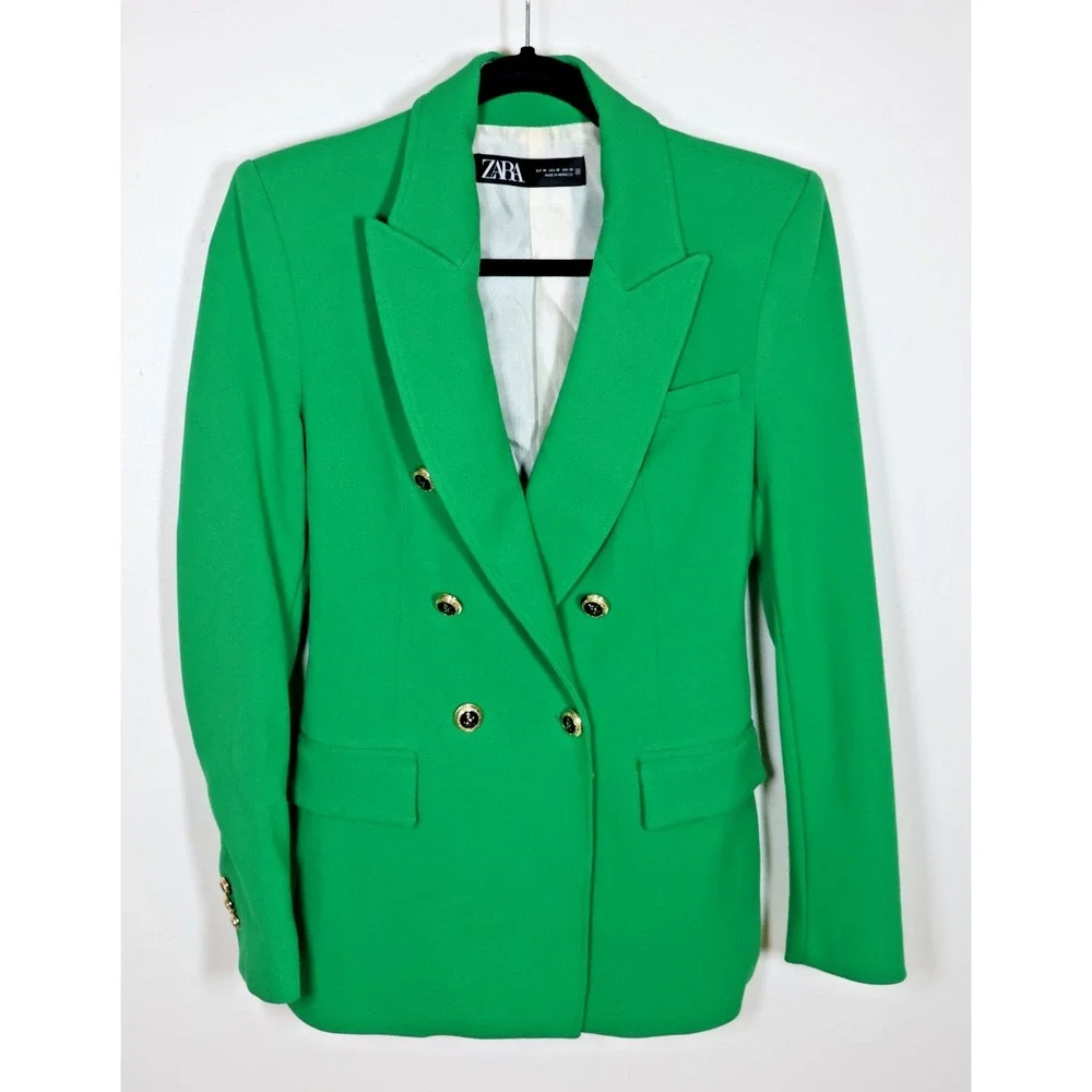 Zara Blazer‎ Women's X-Small Green Tailored Double Breasted Gold Buttons Preppy